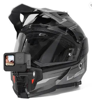 Black motorcycle helmet chin strap mount for GoPro cameras with adjustable nylon straps and buckle.