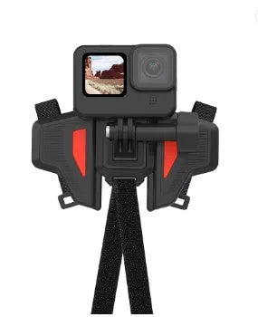 Black motorcycle helmet chin strap mount for GoPro cameras with adjustable nylon straps and buckle.
