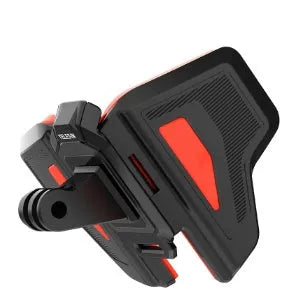 Black motorcycle helmet chin strap mount for GoPro cameras with adjustable nylon straps and buckle.