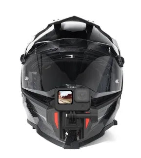 Black motorcycle helmet chin strap mount for GoPro cameras with adjustable nylon straps and buckle.