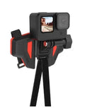 Black motorcycle helmet chin strap mount for GoPro cameras with adjustable nylon straps and buckle.