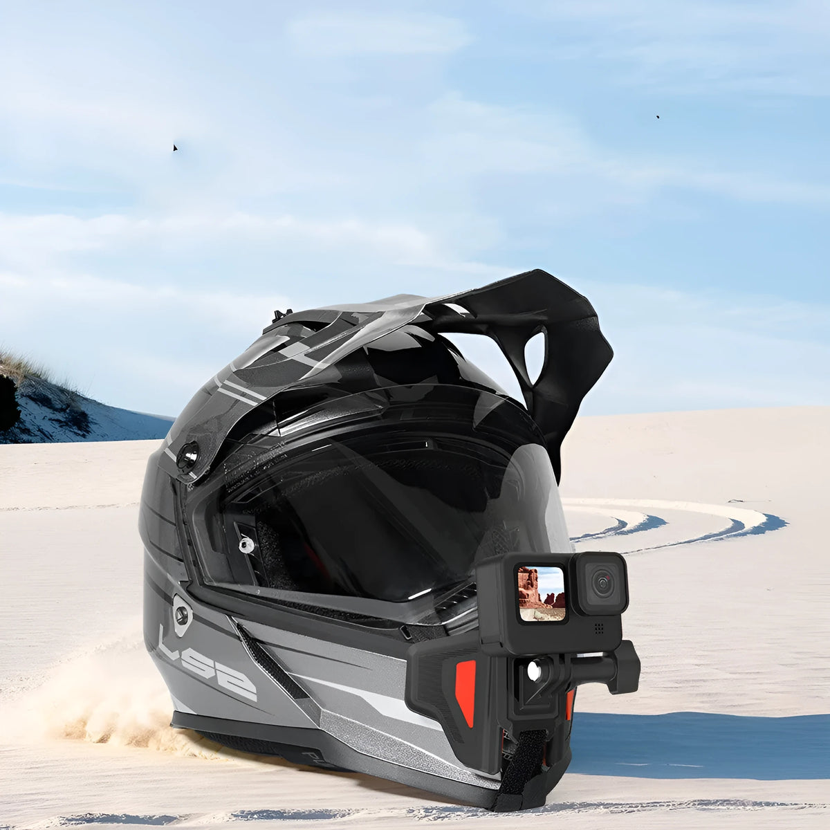 Black motorcycle helmet chin strap mount for GoPro cameras with adjustable nylon straps and buckle.