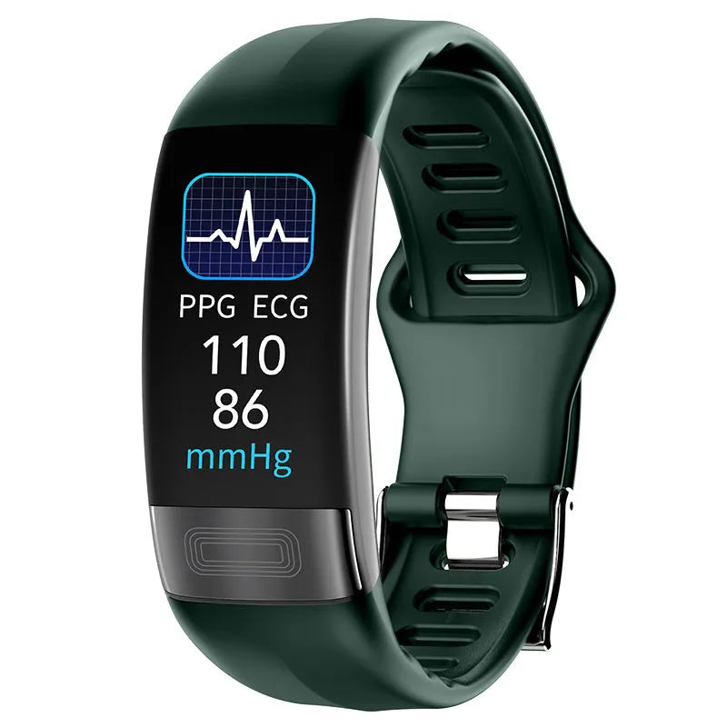 Smart bracelet with touch screen displaying heart rate and ECG graph on a black TPU strap.