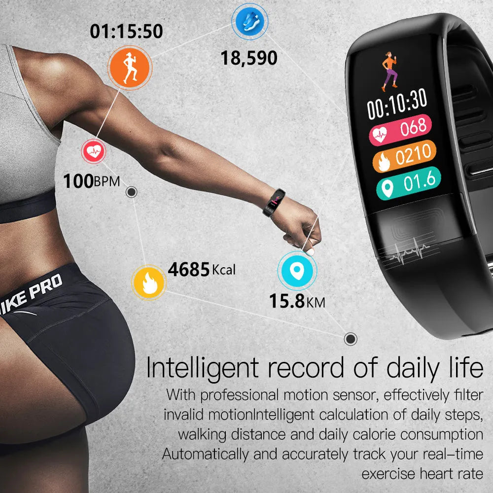 Smart bracelet with touch screen displaying heart rate and ECG graph on a black TPU strap.
