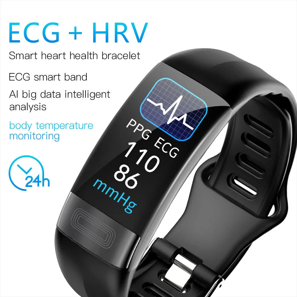 Smart bracelet with touch screen displaying heart rate and ECG graph on a black TPU strap.
