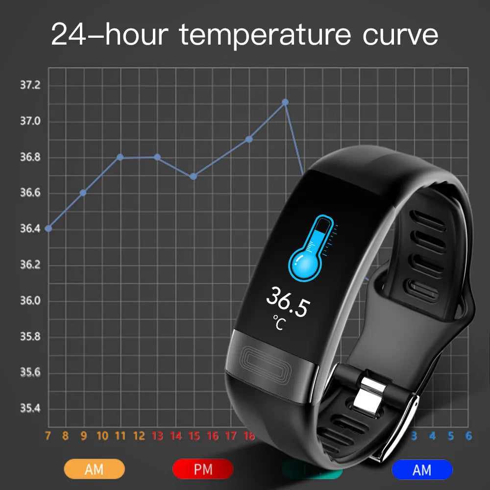 Smart bracelet with touch screen displaying heart rate and ECG graph on a black TPU strap.