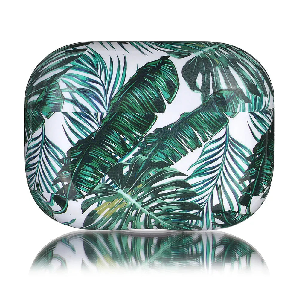 Blue and Green TPU earphone cases with tropical banana leaf design for Apple AirPods.
