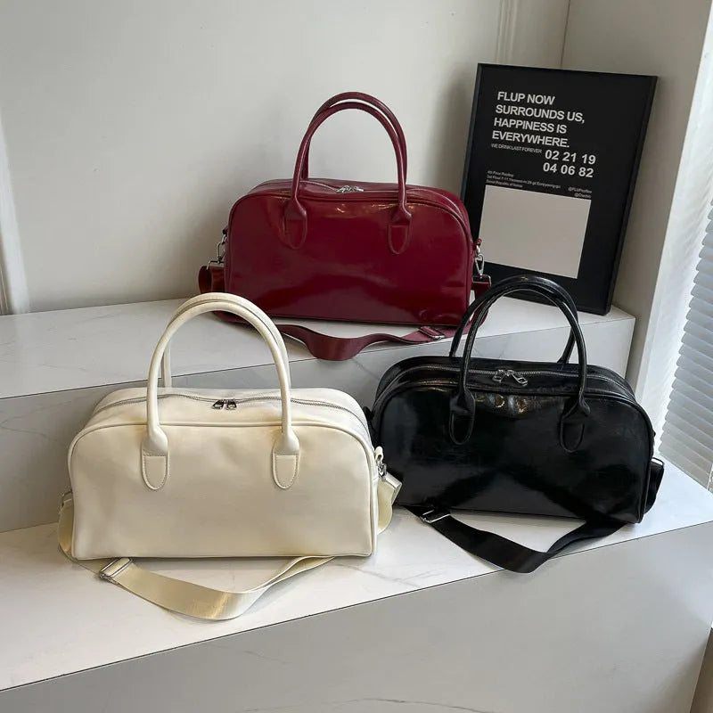 Women's lightweight PU leather travel bag with 20-35L capacity, dry wet separation, and wine red, black, or beige colour options