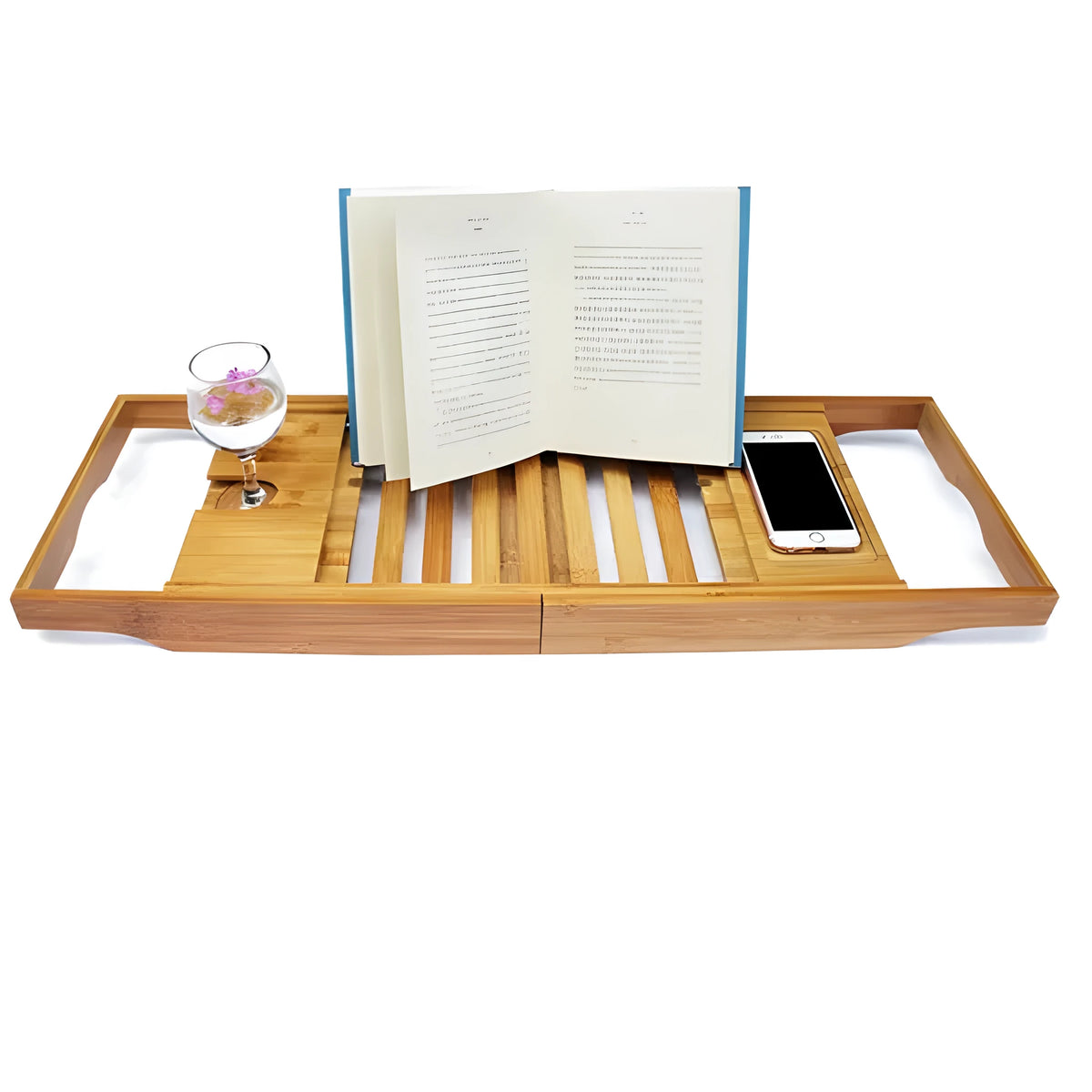 Bamboo bathtub frame organiser with single-tier shelf for bathroom storage