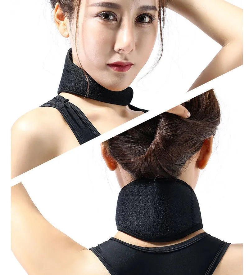 Black self-heating magnetic therapy neck guard with adjustable shoulder strap on a grey background.