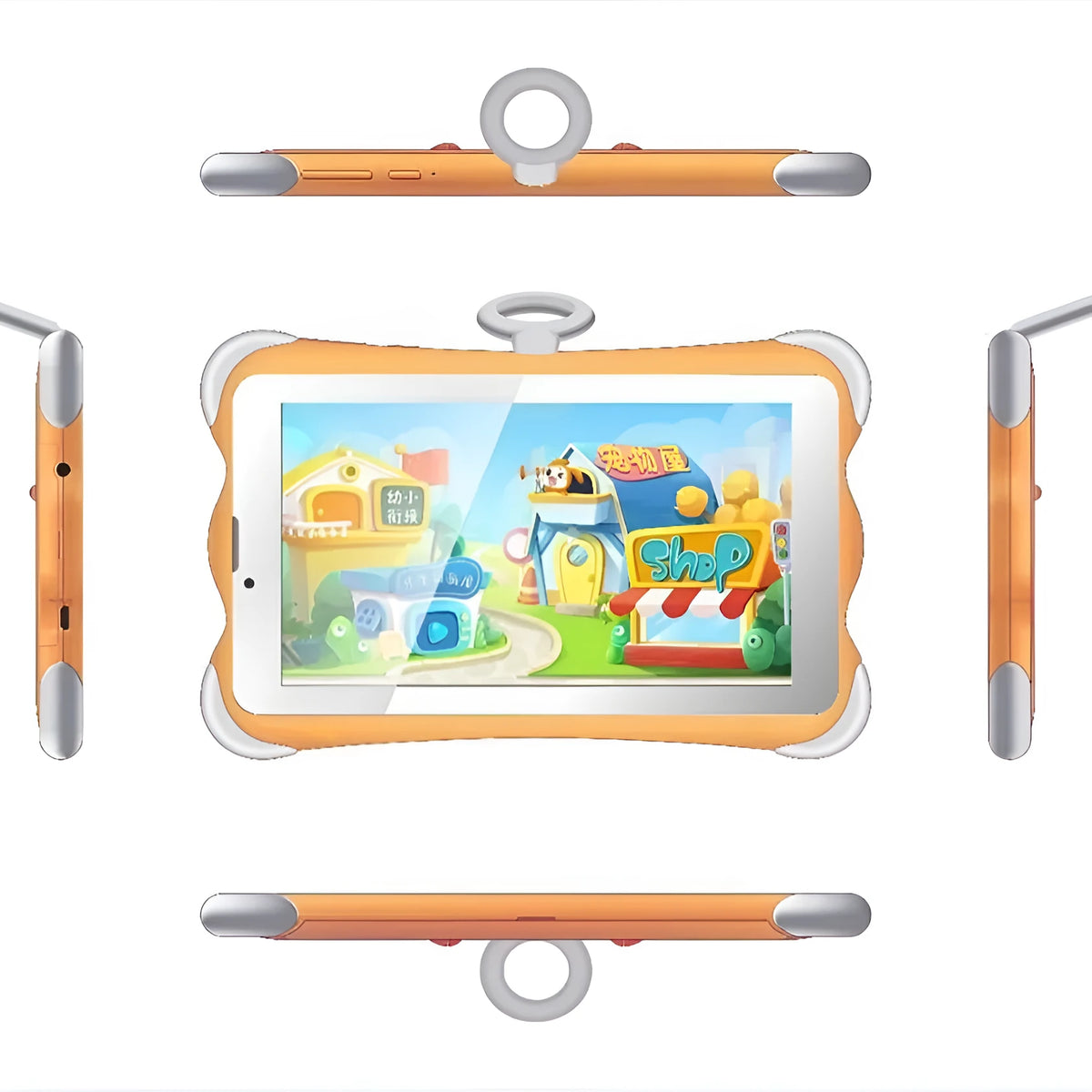 7-inch children's learning tablet with colourful cartoon design, showing screen interface and built-in stand
