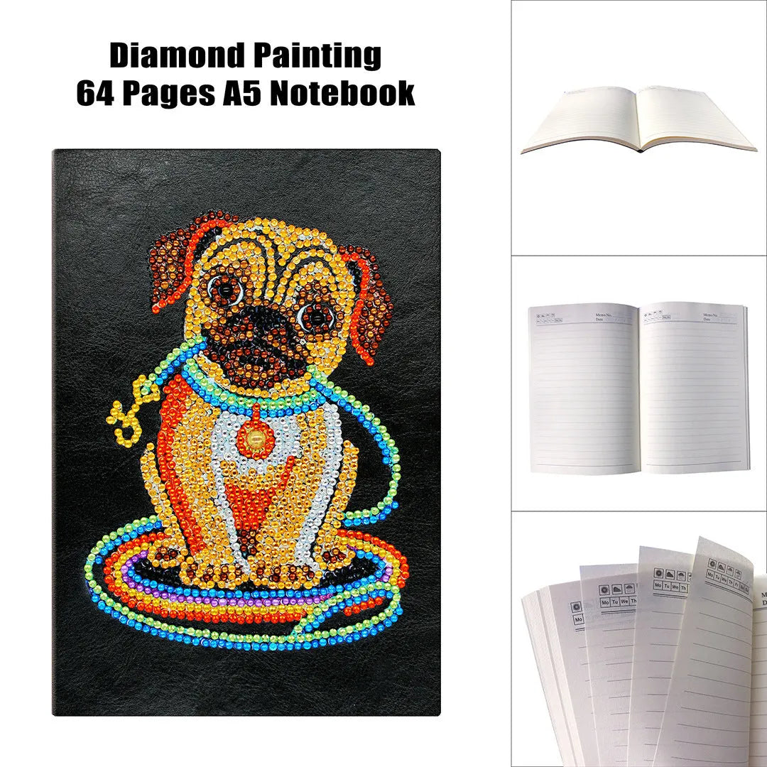 Black A5 diamond painting notebook with elastic closure showing open pages for craft organisation