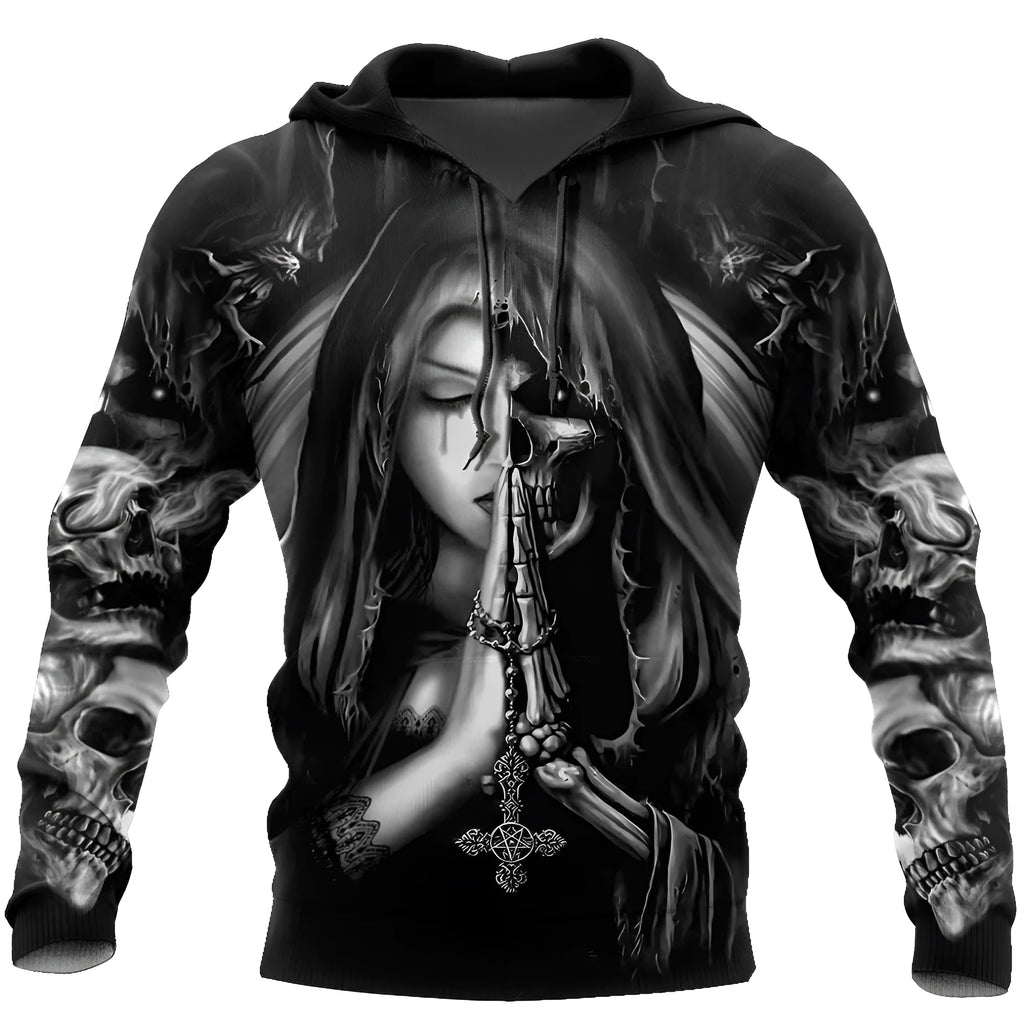 Black hooded sweatshirt with 3D Halloween skull anime graphic print, long sleeves