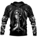 Black hooded sweatshirt with 3D Halloween skull anime graphic print, long sleeves