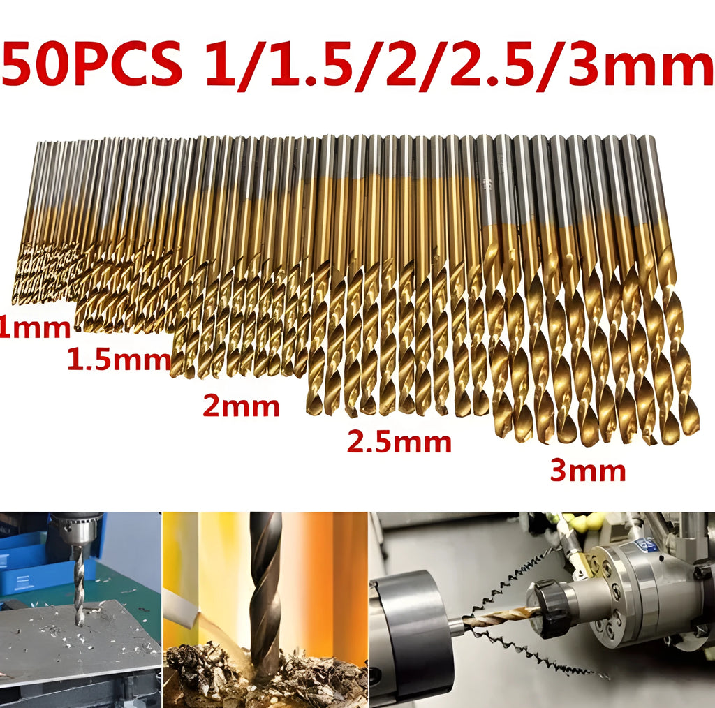 50-piece titanium-coated HSS steel drill bit set with storage case for metal, wood and plastic drilling