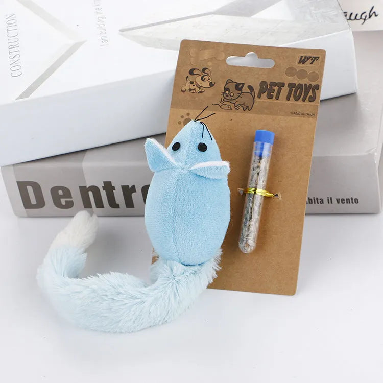 Plush cat mouse toy with mint refill, available in green, blue, orange, and coffee