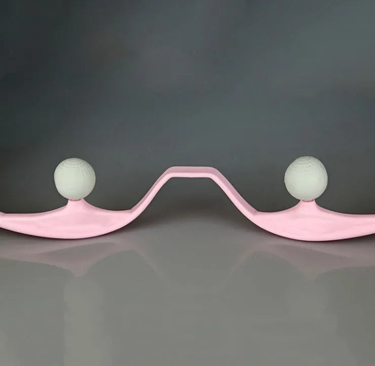 Blue plastic hand roller neck massager with adjustable stand on a white background.