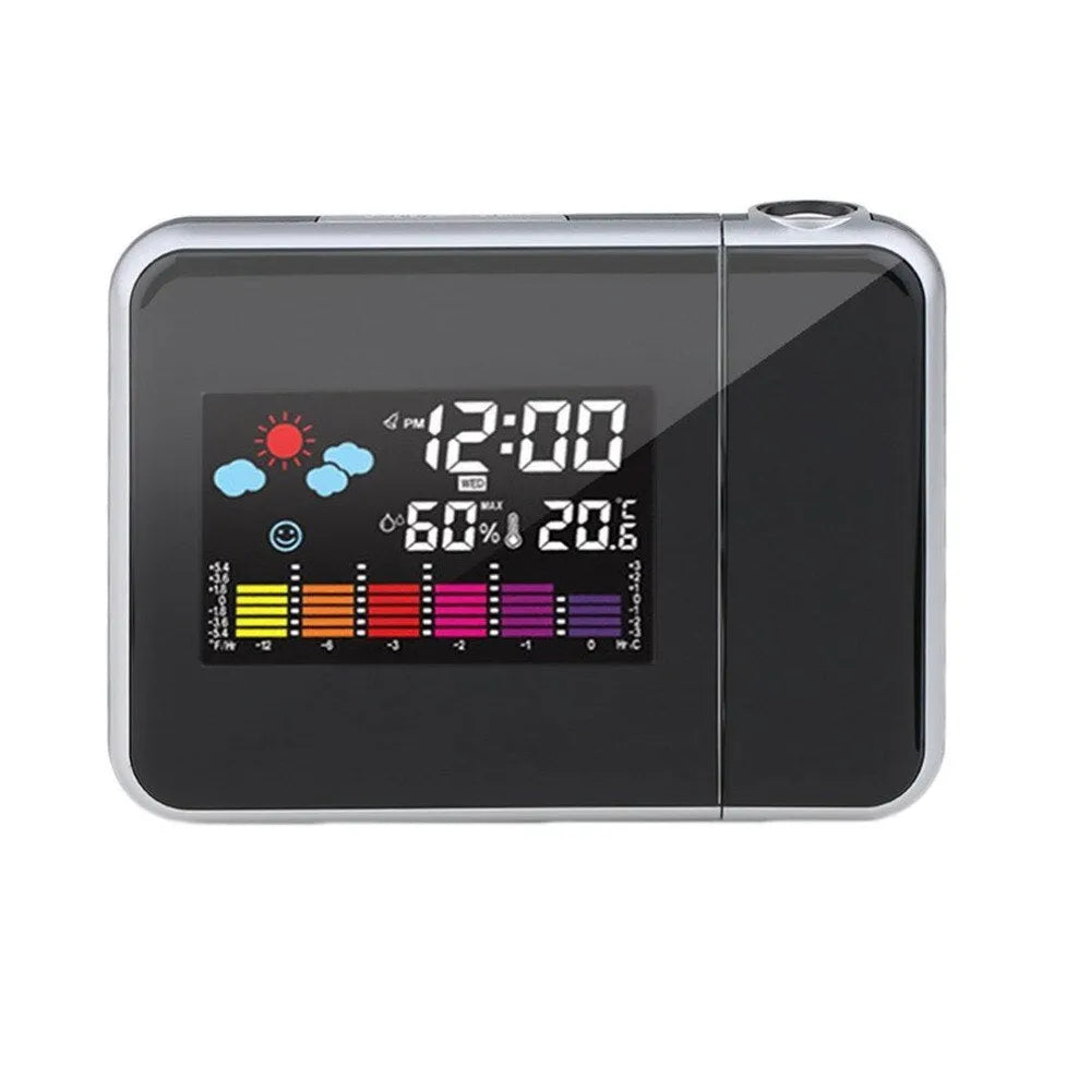 Black digital projection alarm clock with multicolour LED temperature and humidity display