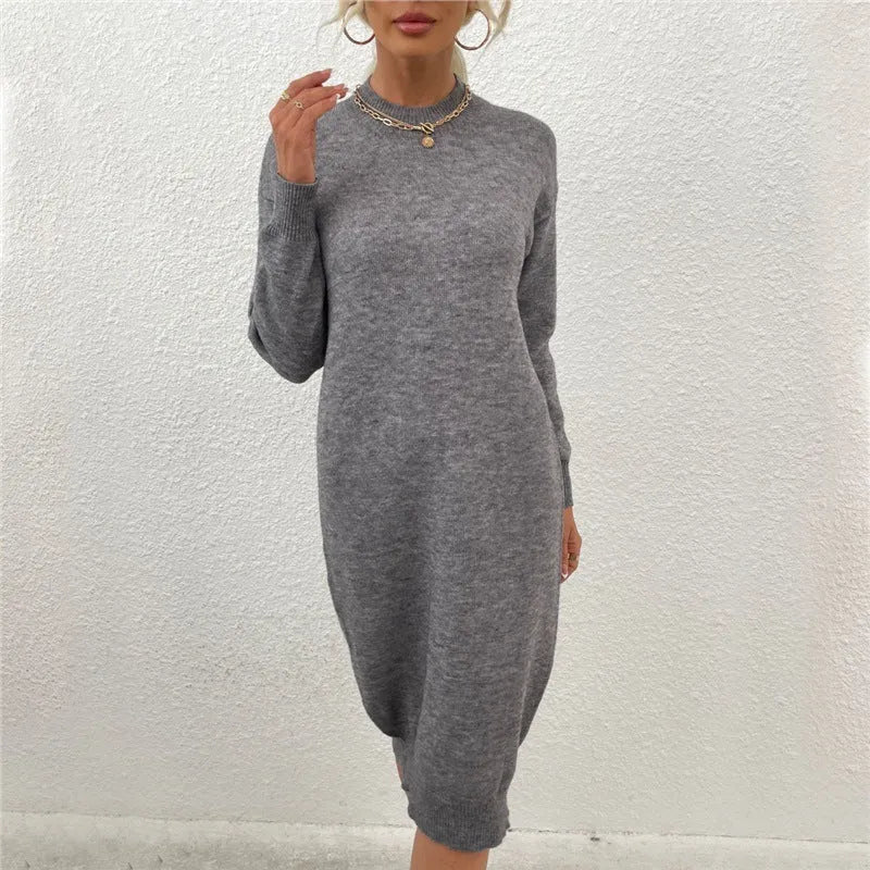 Women's grey crew neck acrylic casual sweater pullover on a hanger