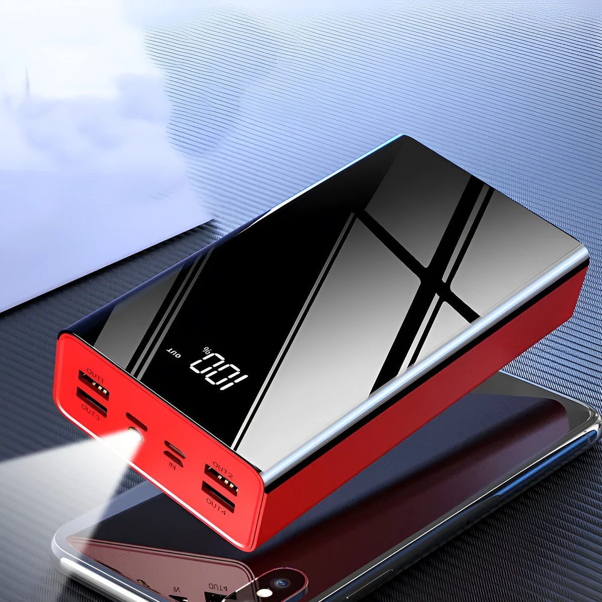 40000 mAh large capacity power bank with LCD display in black and red colour options