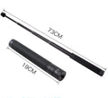 Black retractable aluminium selfie stick extended with smartphone attached and remote shutter in hand.
