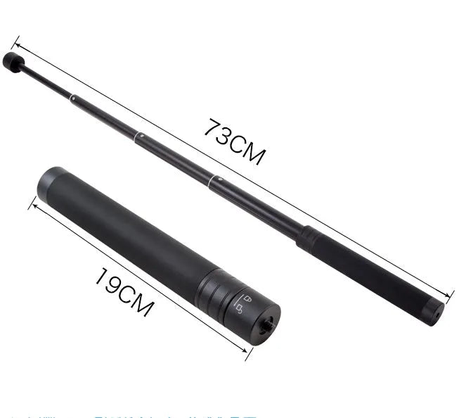 Black retractable aluminium selfie stick extended with smartphone attached and remote shutter in hand.