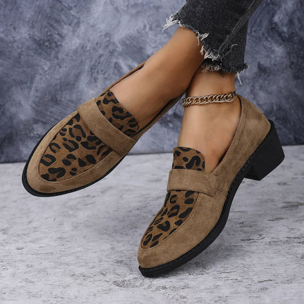 Brown leopard print slip-on suede shoe with chunky mid heel and pointed toe