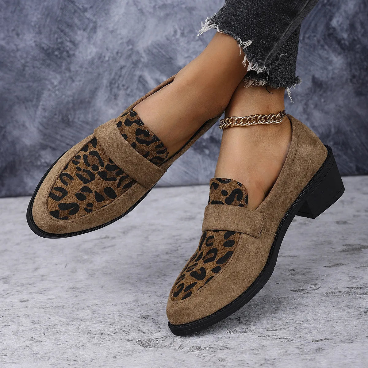Brown leopard print slip-on suede shoe with chunky mid heel and pointed toe