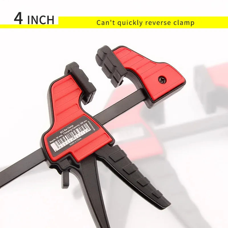 Plastic woodworking clamp with quick-release trigger and soft rubber contact surfaces