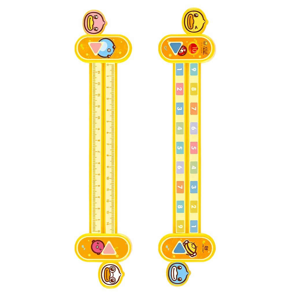 Yellow plastic digital decomposition ruler for children, 24.5 cm long.