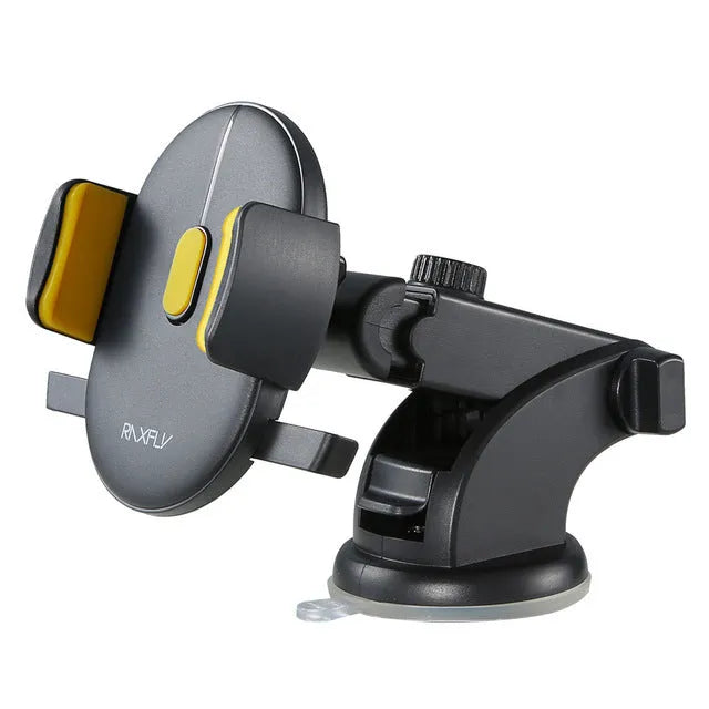Yellow car phone holder with telescopic arm and suction cup mounted on dashboard showing 360-degree rotation