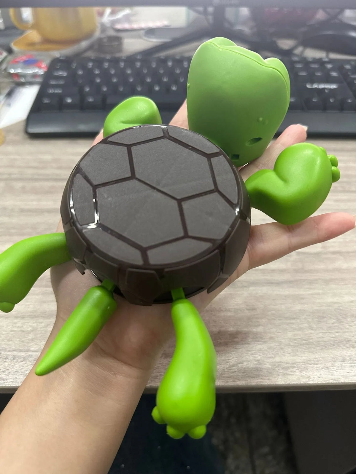 Turtle-shaped ABS plastic coaster in a choice of four colours: light green, dark green, yellow, and wheat starch.