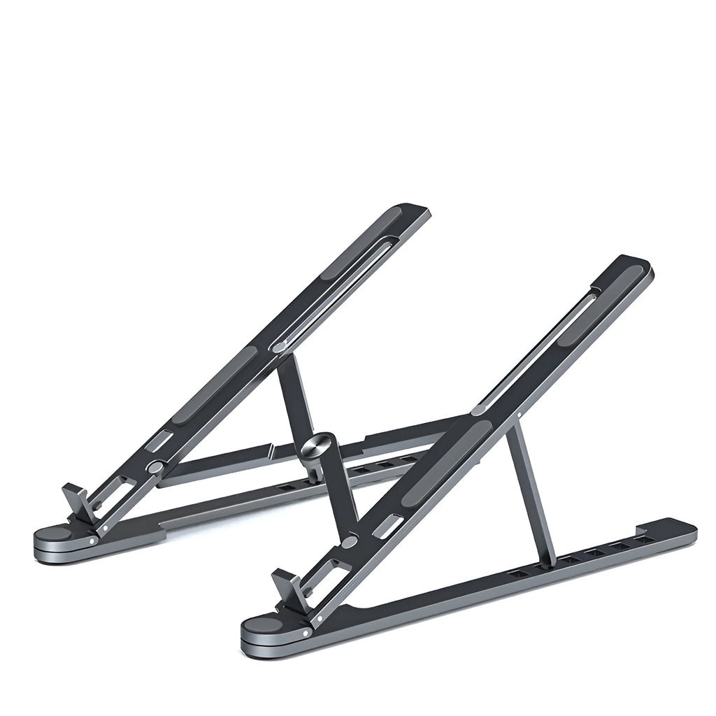 Silver aluminium laptop stand in folded and unfolded positions next to a 15-inch laptop.