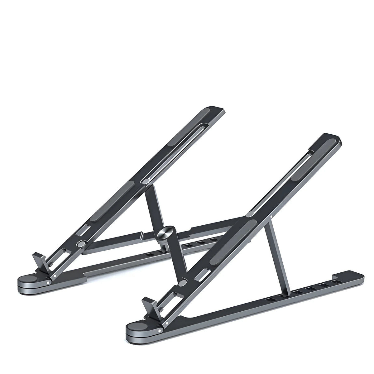 Silver aluminium laptop stand in folded and unfolded positions next to a 15-inch laptop.