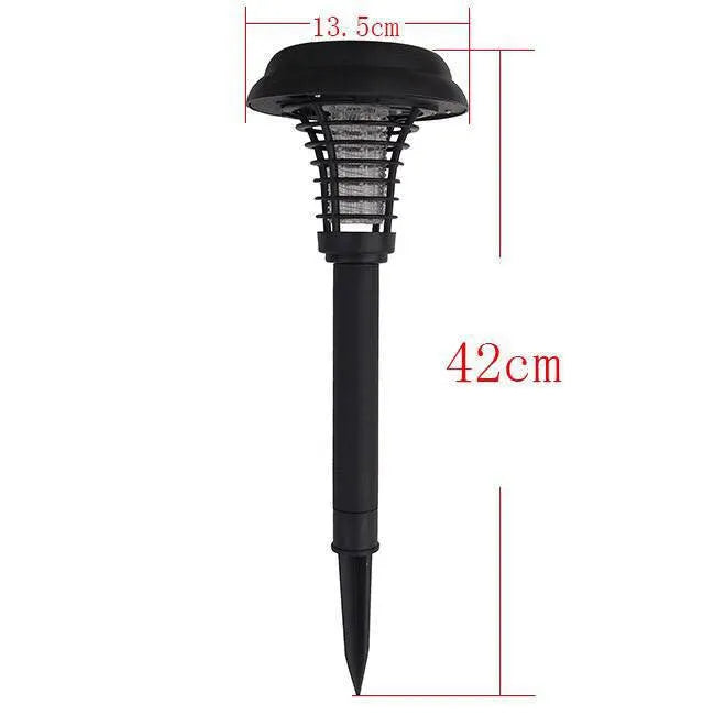 Black solar-powered insect-killing lawn lamp with white and purple LED lights for garden pest control.