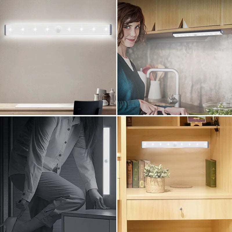 Aluminium magnetic LED closet light with motion sensor in white or warm white, shown mounted inside a wardrobe.