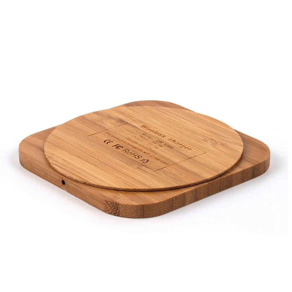 Square brown bamboo-finish 5W wireless charging pad with QI certification