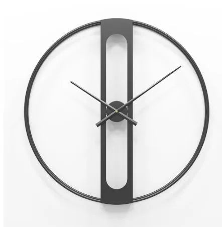 Round metal wall clock with 50cm diameter face in black or gold colour on white wall