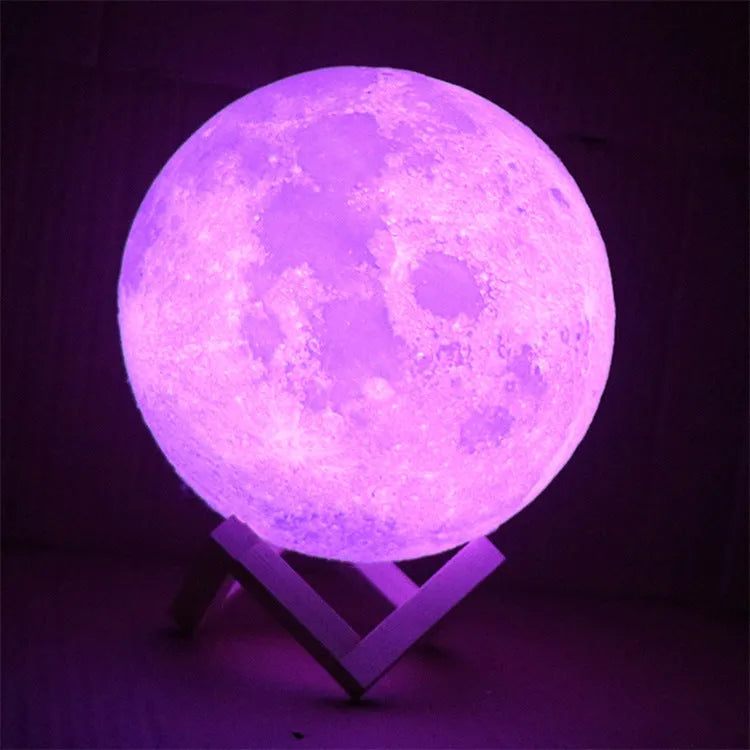 3D printed moon lamp on wooden stand showing touch ring and detailed lunar surface