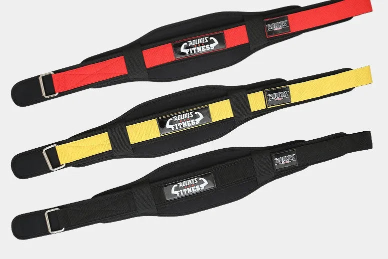 Nylon fitness weightlifting belt for adults on a gym floor, shown in black, red, and yellow colour options.