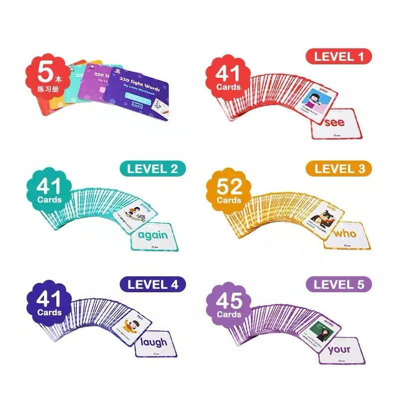 Box set of 220 high frequency word cards and five phonics workbooks for early childhood education.