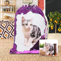 Custom purple sequins backpack with printed pet photo and drawstring closure