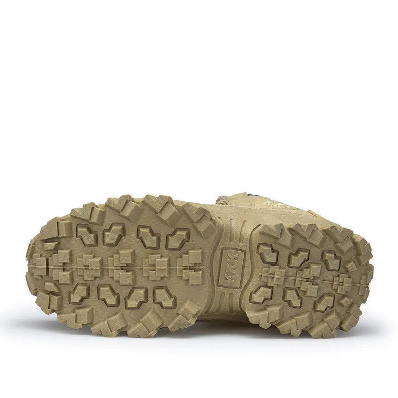 Men's black tactical military boots with rubber sole on an outdoor surface.
