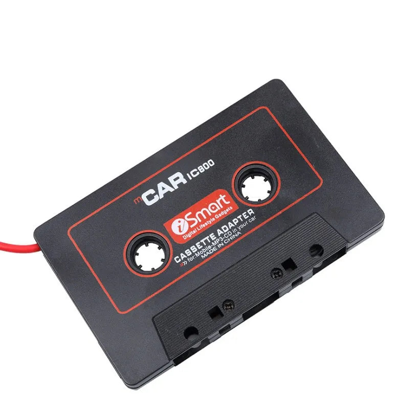 Black cassette adapter with 3.5mm audio jack for connecting MP3 players to car cassette decks