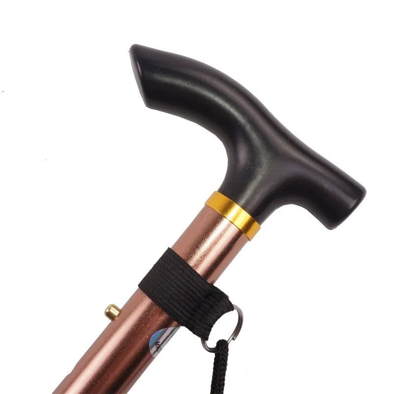 Aluminium folding walking cane shown extended and collapsed, with adjustable height and non-slip handle.
