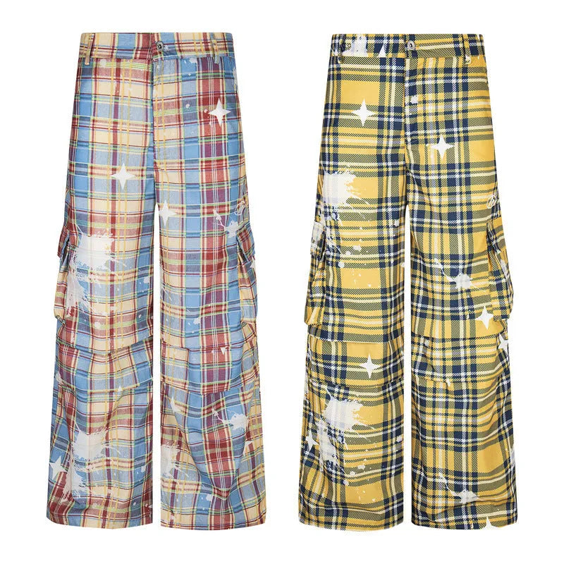 Men's blue and yellow plaid retro overalls with straight-leg trousers design and mid-waist fit