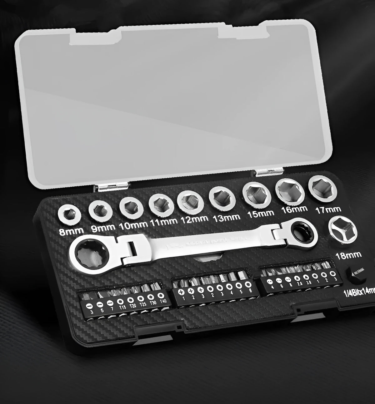 Ratchet wrench set with sockets and batch heads arranged in compact tool kit