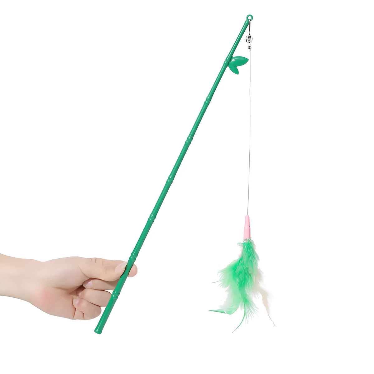 Green interactive cat feather wand toy with bell and feather attachments for indoor play