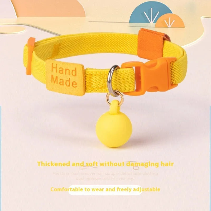 Small dog high elasticity polyester decorative collar shown in yellow, pink, sky blue, purple, brown, dark blue, and dark green colours.