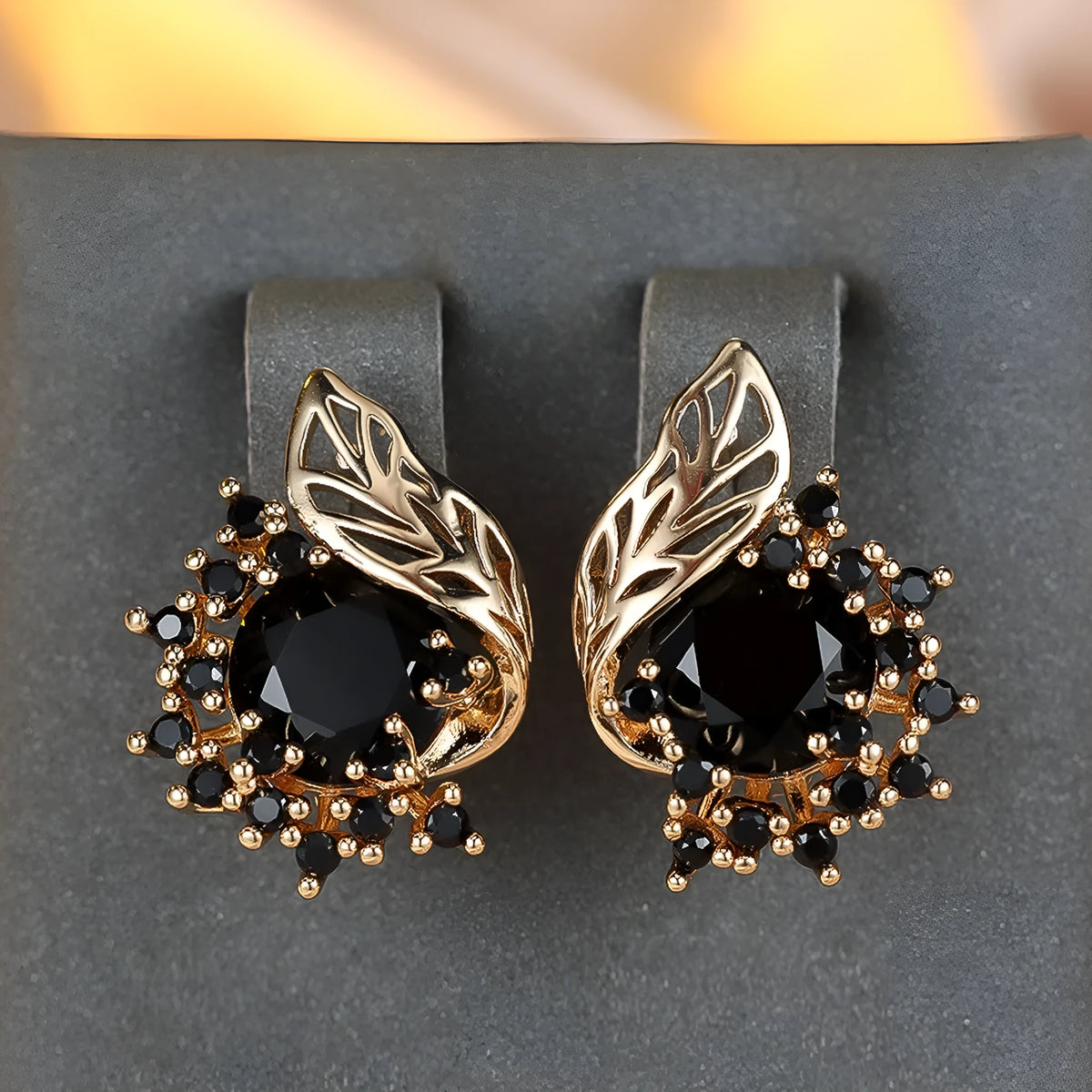 Round floral feather zircon earrings with champagne gold finish and multiple gem colour options